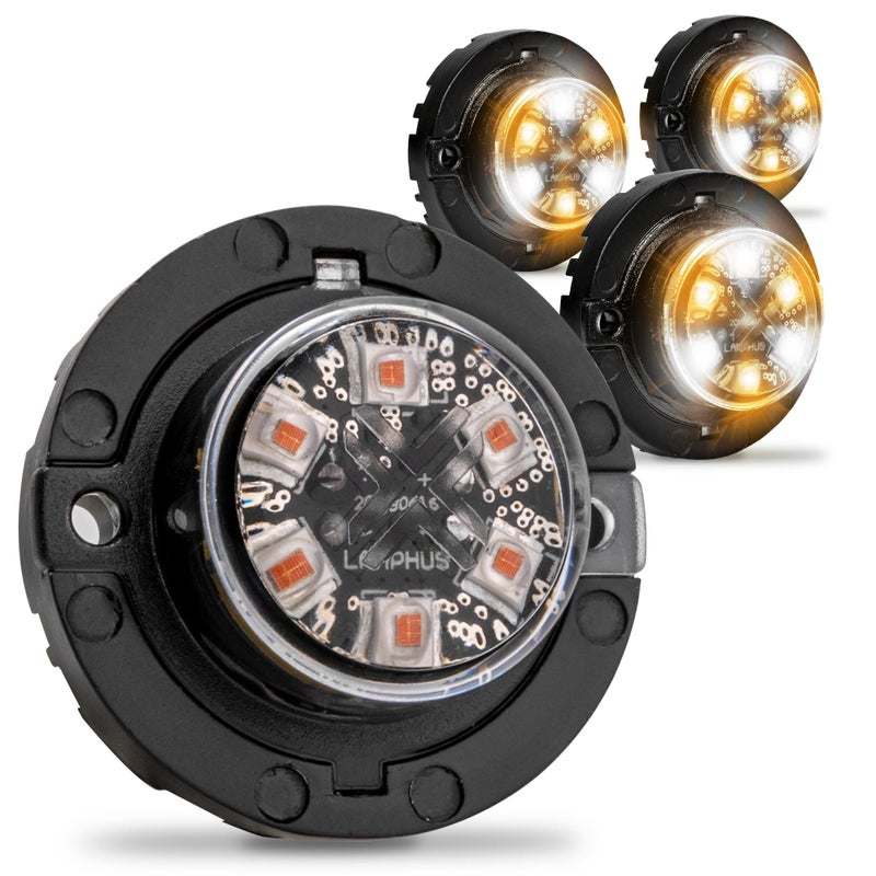 LAMPHUS 4pc SnakeEye III Amber White Clear LED Hideaway Strobe Light [SAE Class 1] 12V 1 Inch Round Waterproof Wig Wag Emergency Flashing Hide Away Fire Police Light Bulb For Service Work Truck Vehicle Car - Image 1
